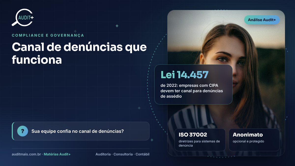 Infográfico Audit+ — Canal de denúncias que funciona: Lei 14.457 de 2022: empresas com CIPA devem ter canal para denúncias de assédio