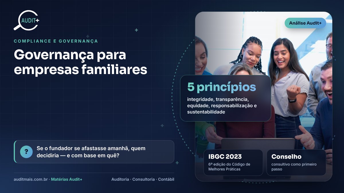 Infográfico Audit+ — Governança para empresas familiares: 5 princípios integridade, transparência, equidade, responsabilização e sustentabilidade