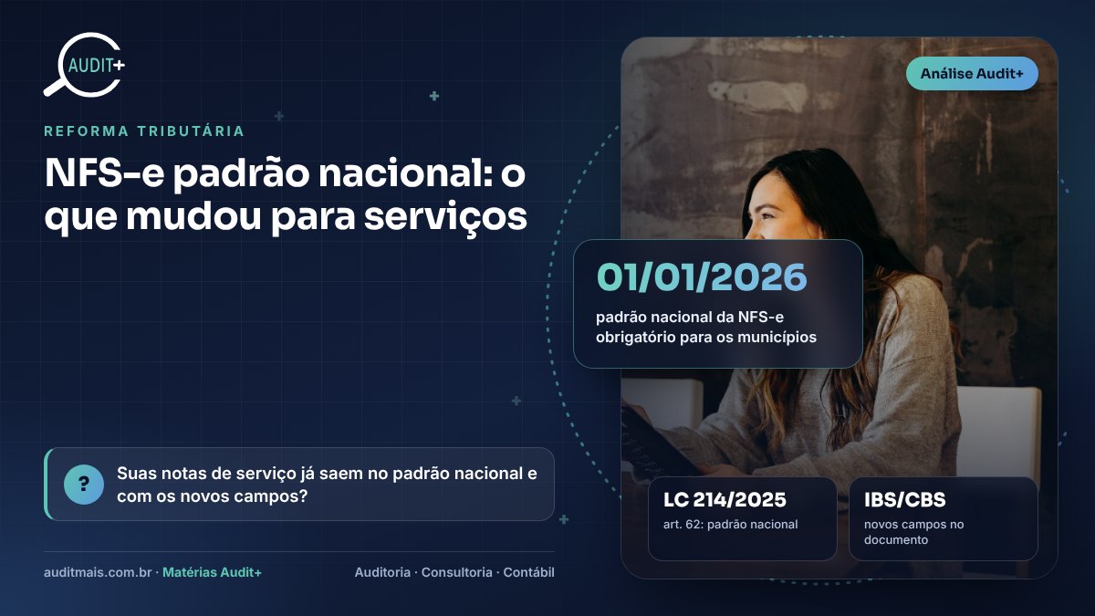 Infográfico Audit+ — NFS-e padrão nacional: o que mudou para serviços: 01/01/2026 padrão nacional da NFS-e obrigatório para os municípios