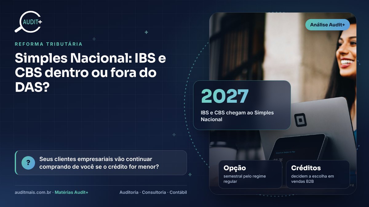 Infográfico Audit+ — Simples Nacional: IBS e CBS dentro ou fora do DAS?: 2027 IBS e CBS chegam ao Simples Nacional
