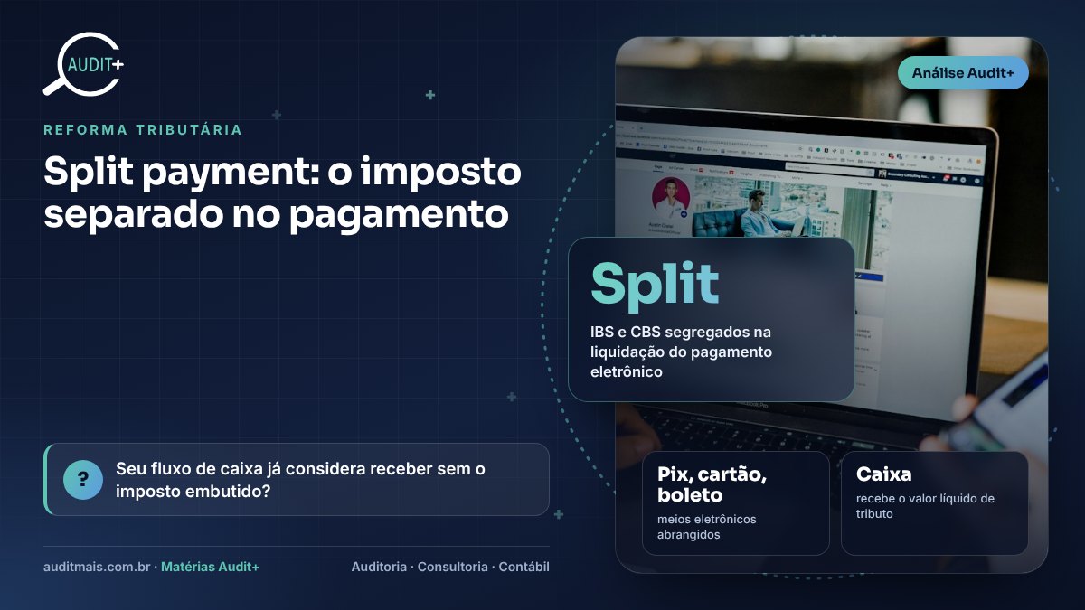 Infográfico Audit+ — Split payment: o imposto separado no pagamento: Split IBS e CBS segregados na liquidação do pagamento eletrônico
